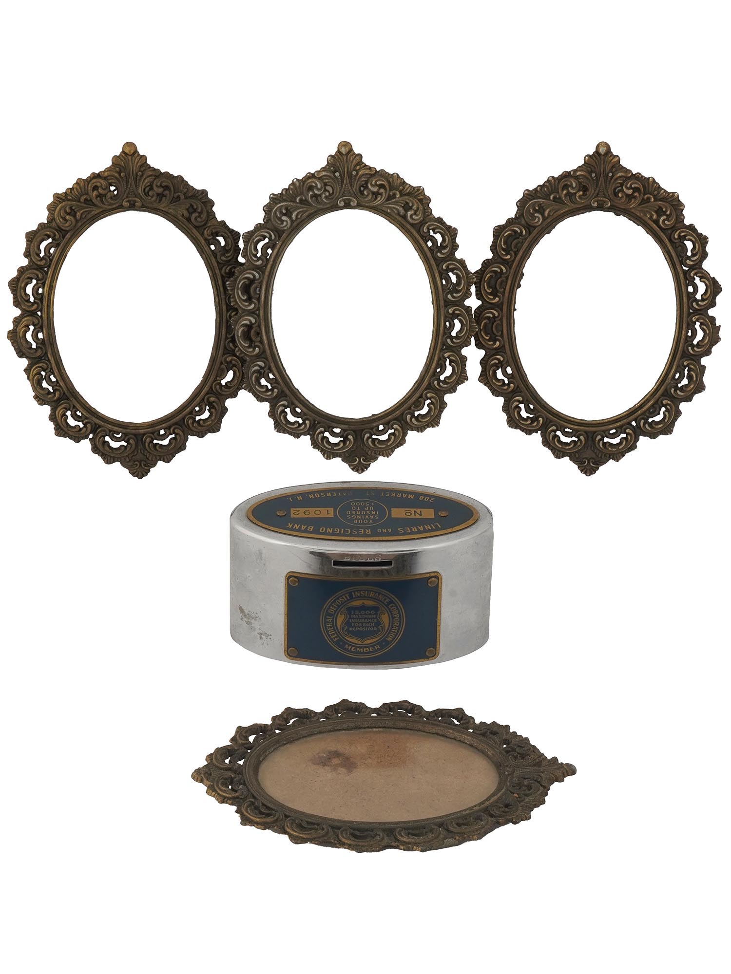 COLLECTION OF FOUR GILT BRONZE FRAMES COIN BANK PIC-0